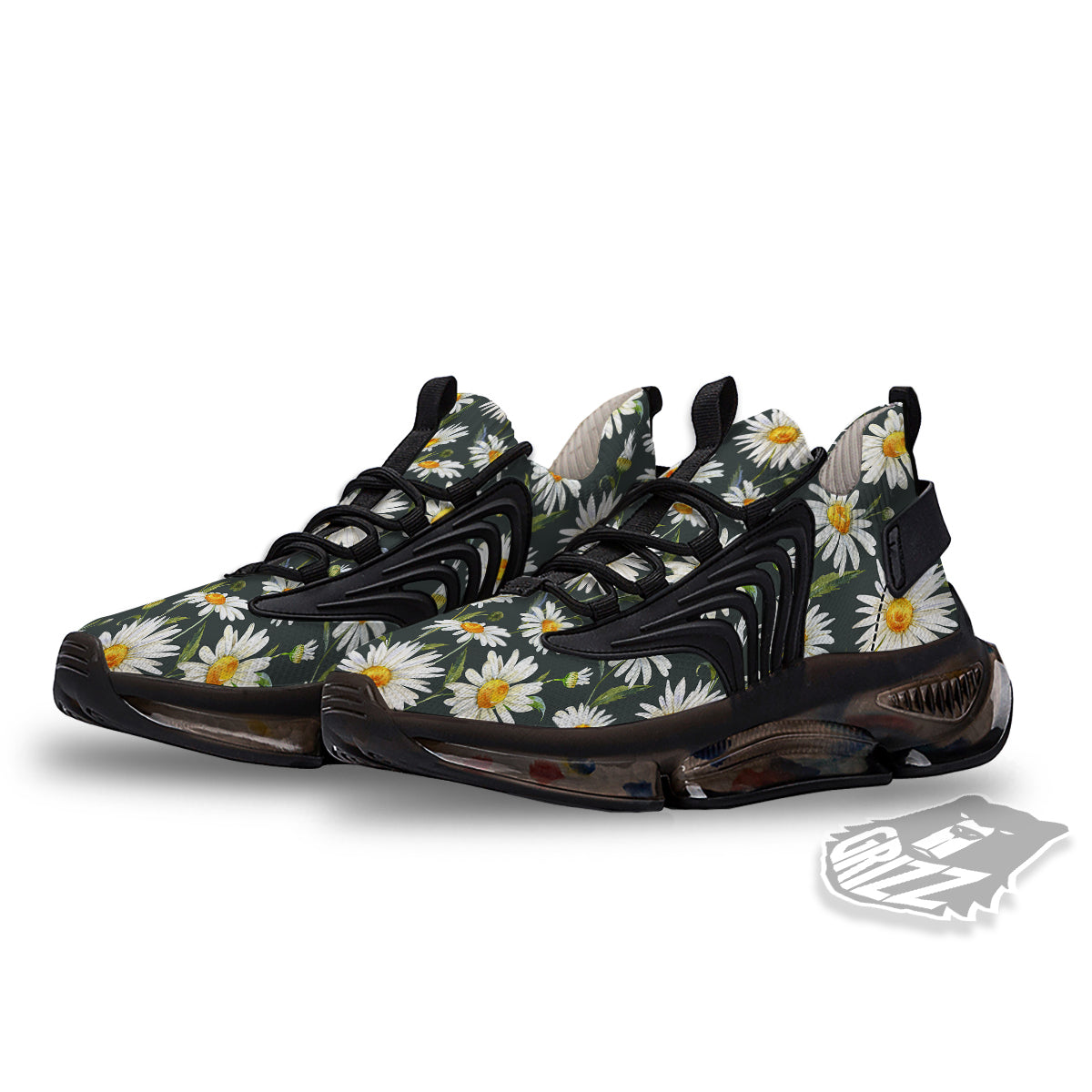 White Daisy Watercolor Print Pattern Black Gym Shoes-grizzshop