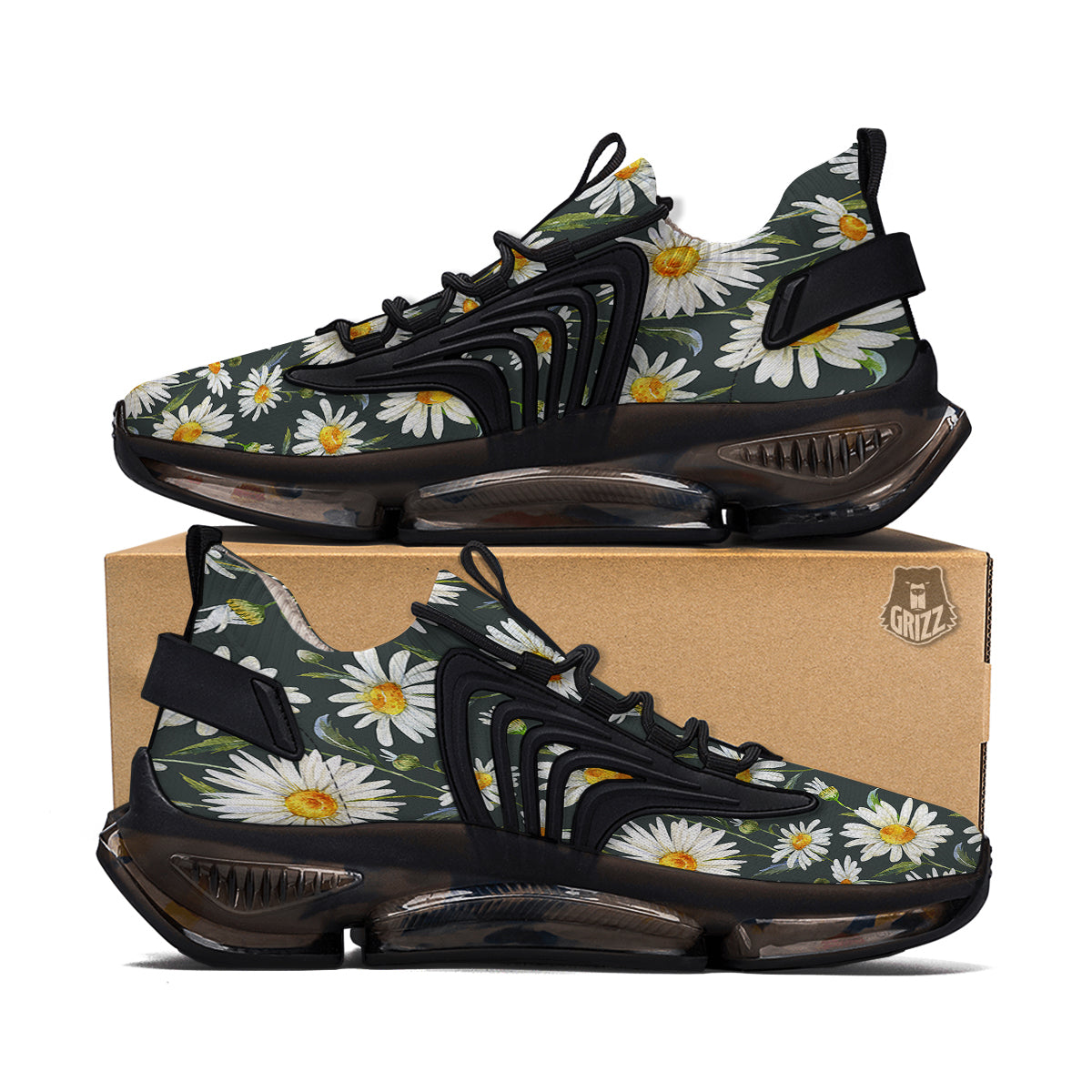 White Daisy Watercolor Print Pattern Black Gym Shoes-grizzshop