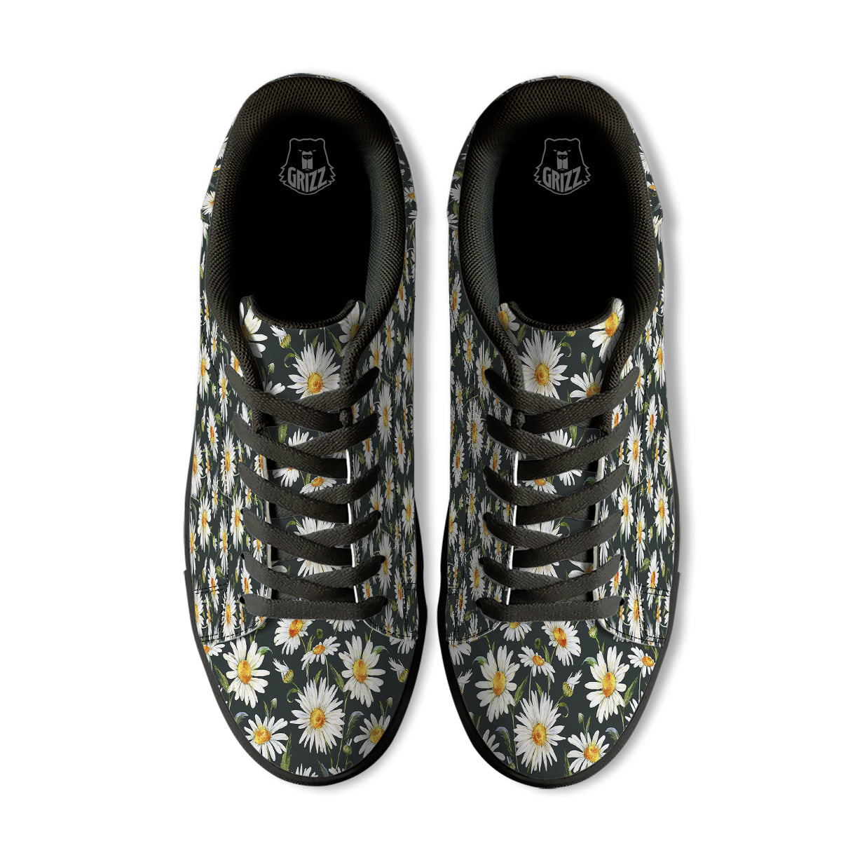 White Daisy Watercolor Print Pattern Black Low Top Sneakers-grizzshop