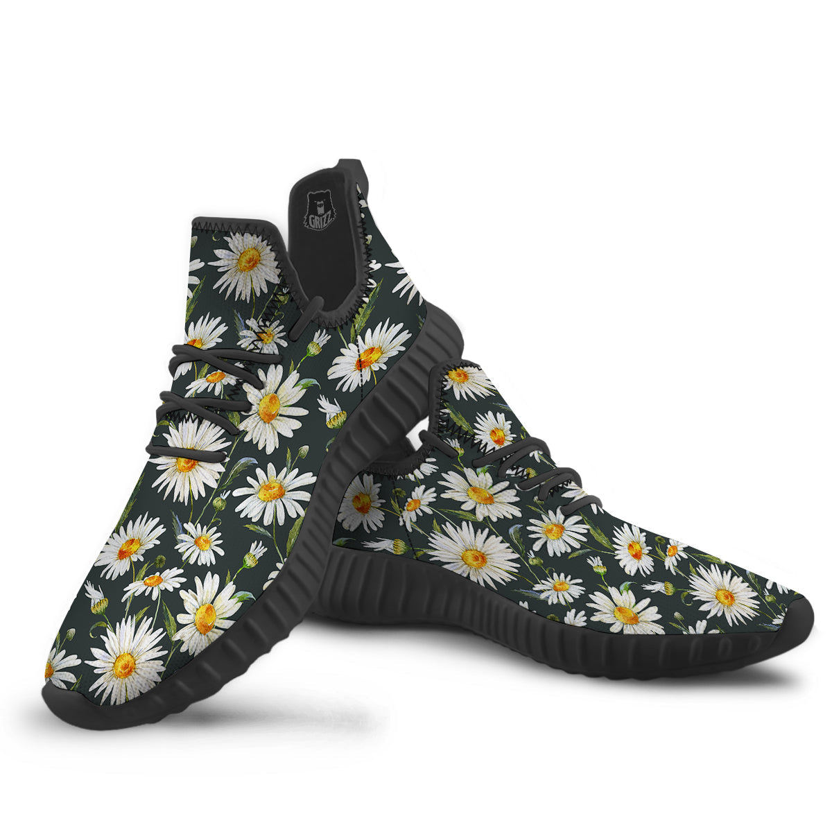 White Daisy Watercolor Print Pattern Black Walking Shoes-grizzshop