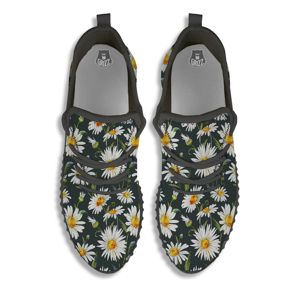 White Daisy Watercolor Print Pattern Black Walking Shoes-grizzshop