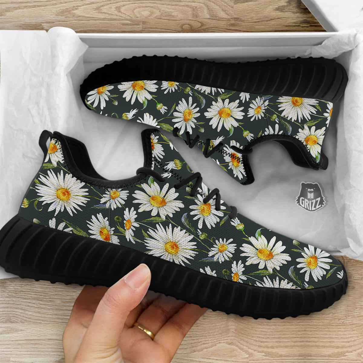 White Daisy Watercolor Print Pattern Black Walking Shoes-grizzshop
