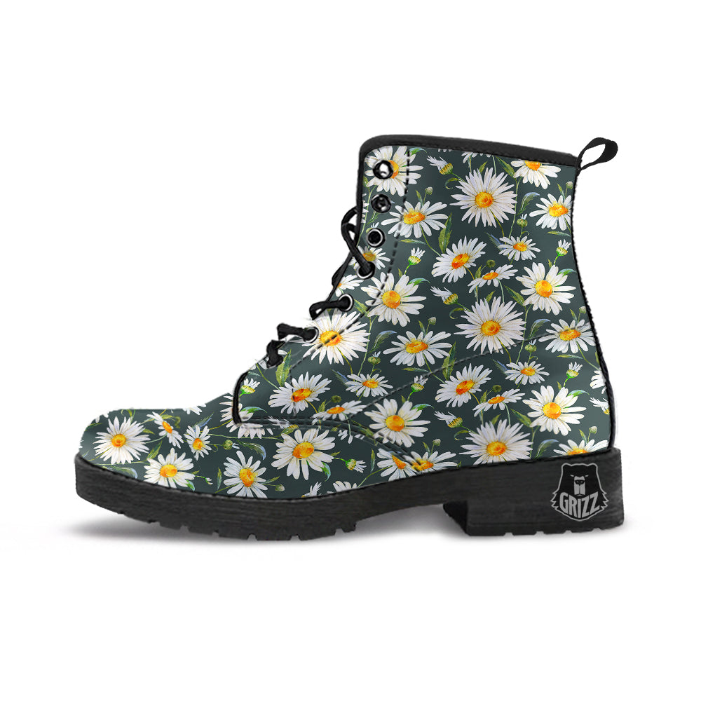 White Daisy Watercolor Print Pattern Leather Boots-grizzshop