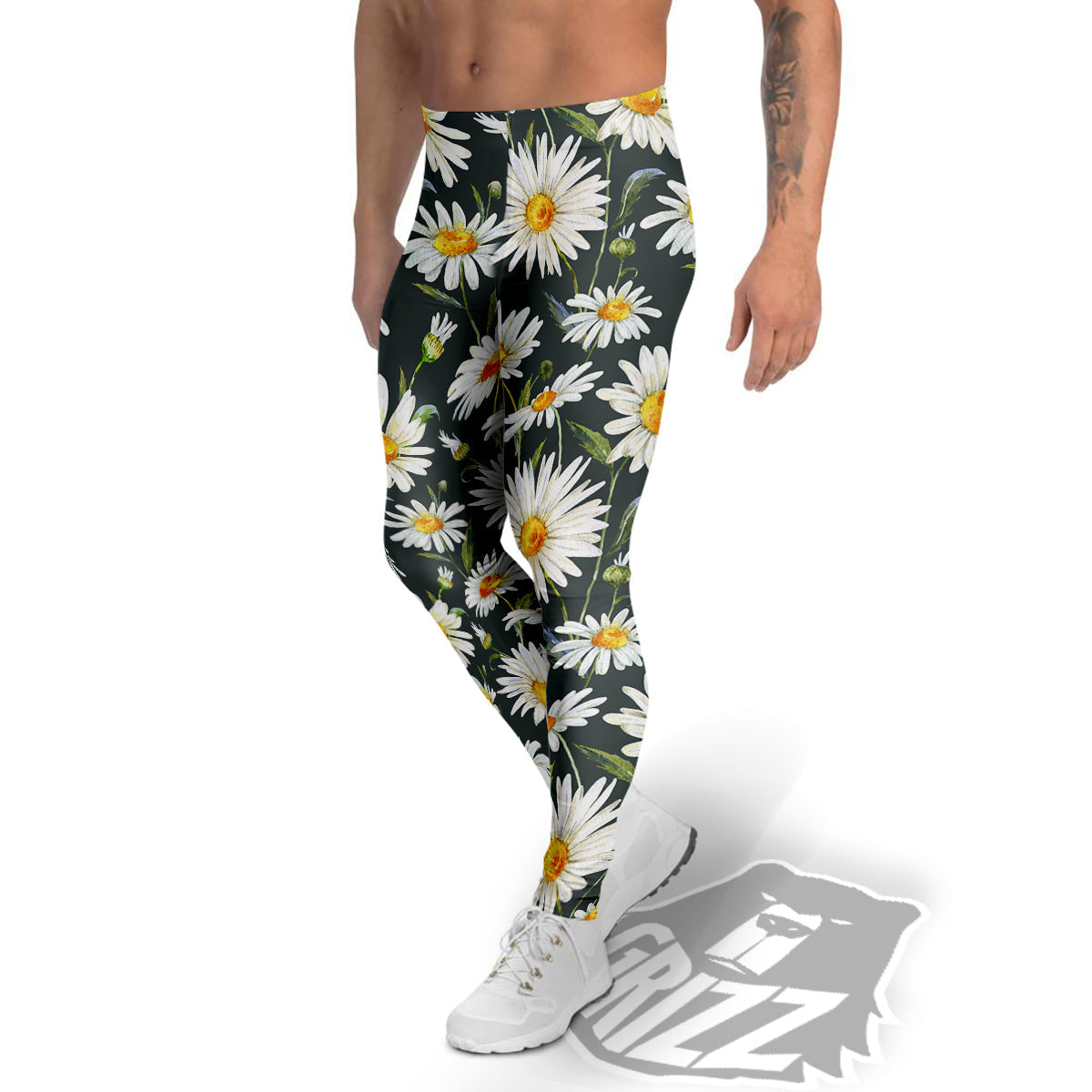 White Daisy Watercolor Print Pattern Men's Leggings-grizzshop