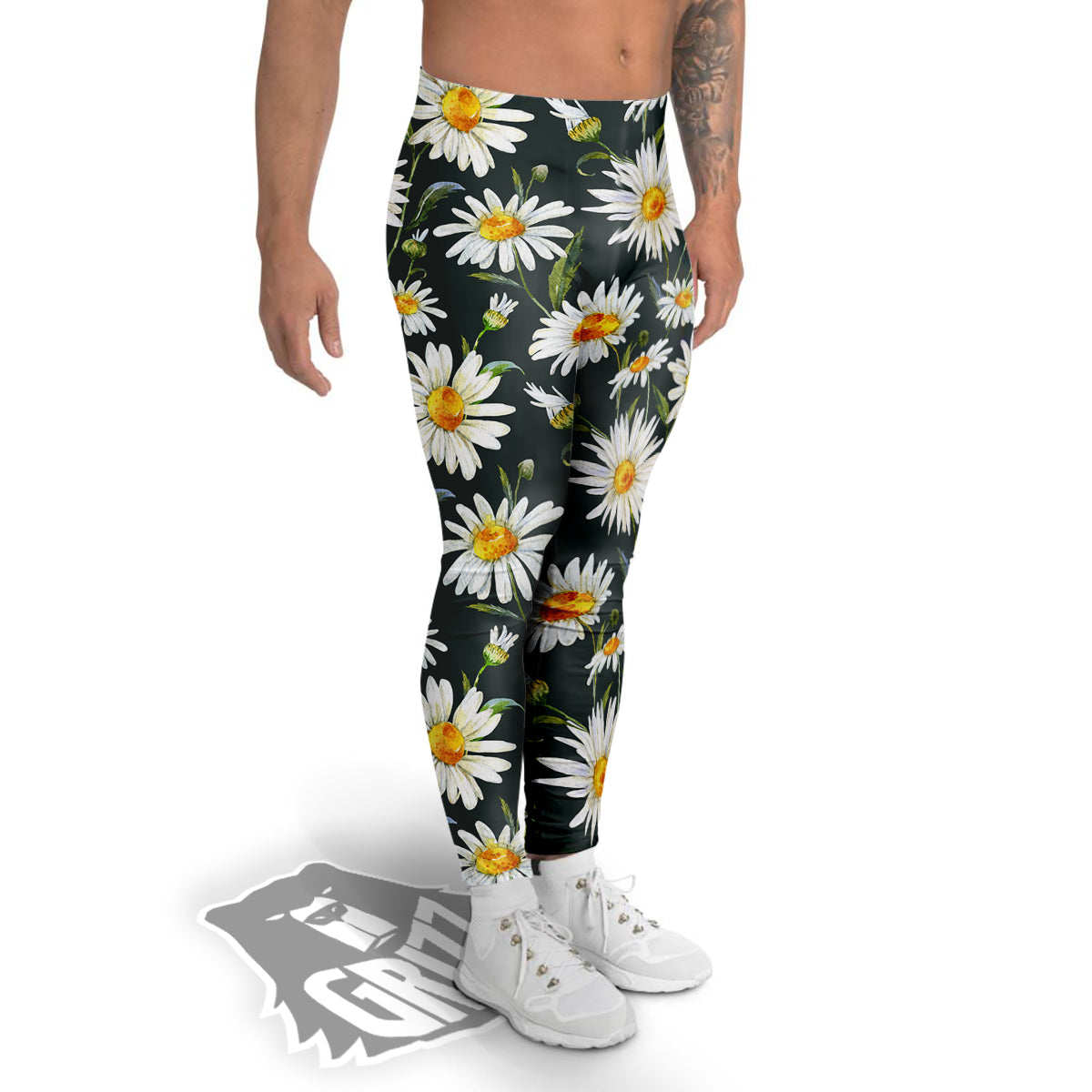 White Daisy Watercolor Print Pattern Men's Leggings-grizzshop