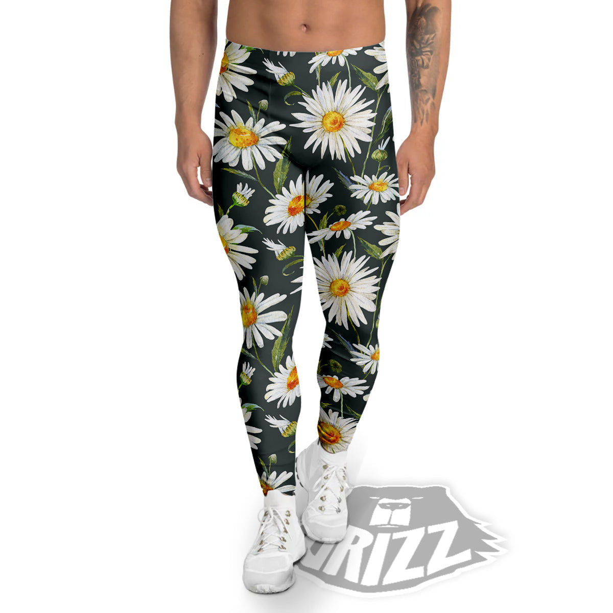 White Daisy Watercolor Print Pattern Men's Leggings-grizzshop