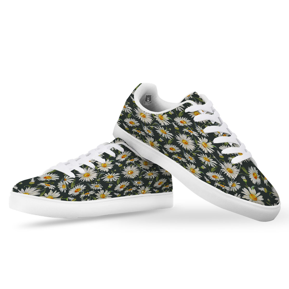 White Daisy Watercolor Print Pattern White Low Top Sneakers-grizzshop