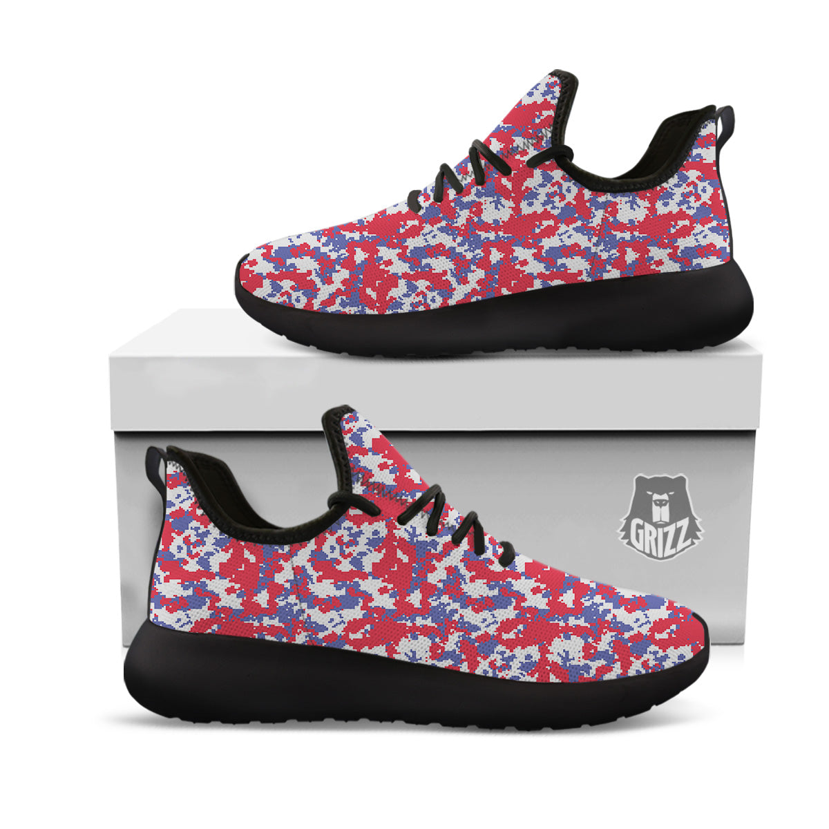 White Digital Camo And Blue Red Print Black Athletic Shoes-grizzshop