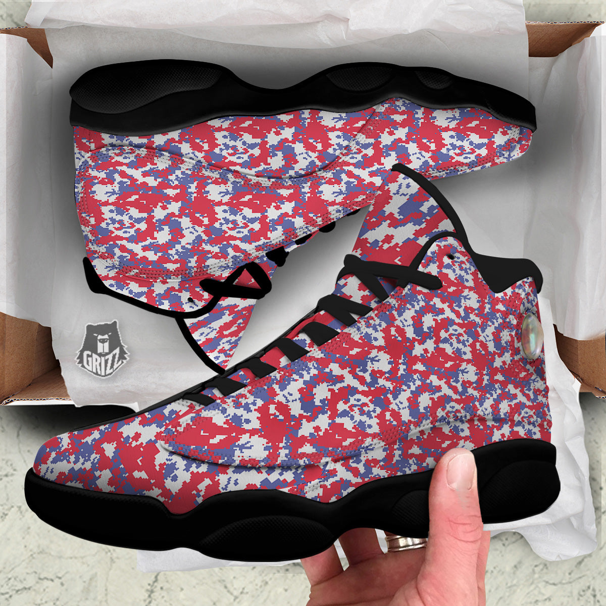 White Digital Camo And Blue Red Print Black Basketball Shoes-grizzshop