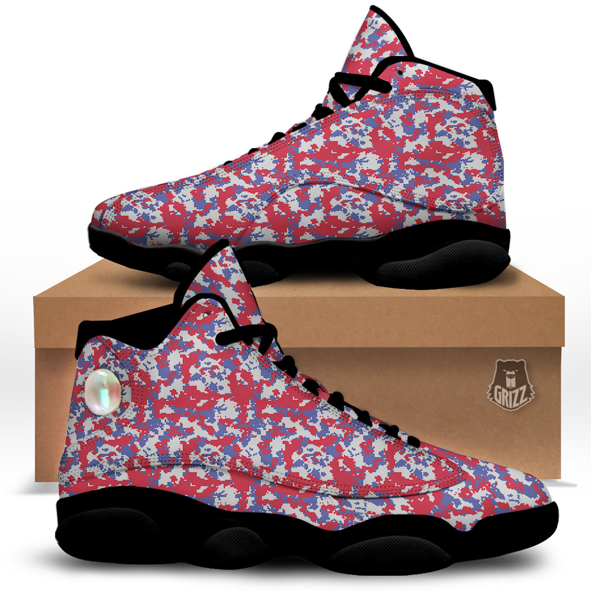 White Digital Camo And Blue Red Print Black Basketball Shoes-grizzshop