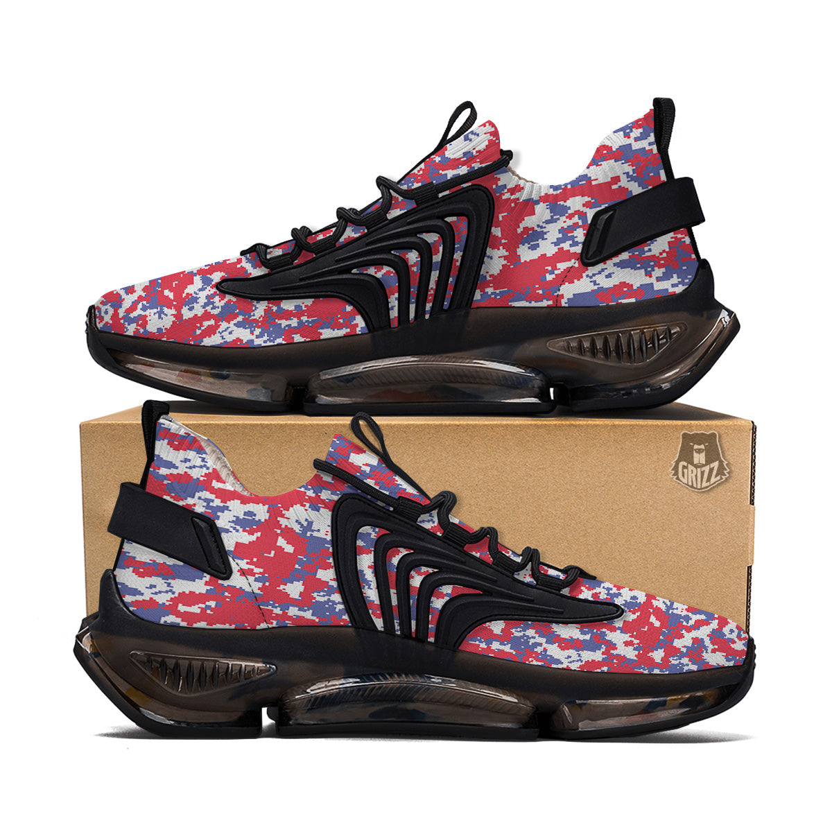 White Digital Camo And Blue Red Print Black Gym Shoes-grizzshop