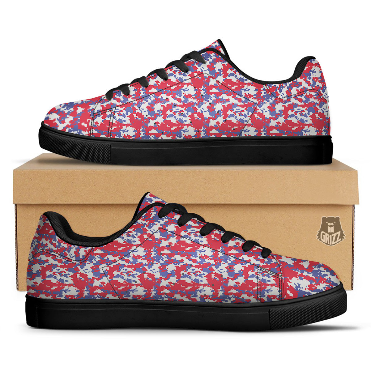 White Digital Camo And Blue Red Print Black Low Top Sneakers-grizzshop