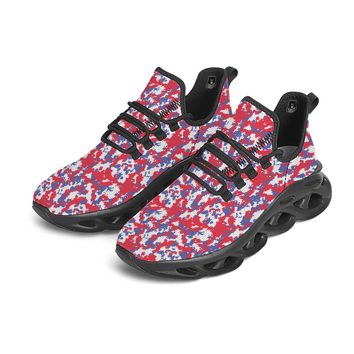White Digital Camo And Blue Red Print Black Running Shoes-grizzshop