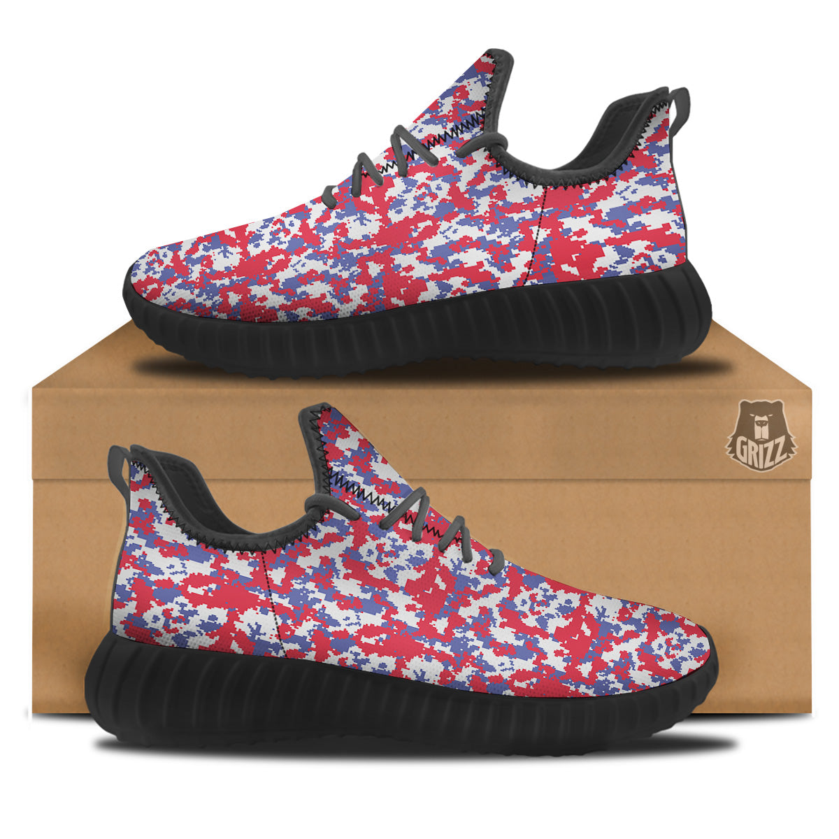 White Digital Camo And Blue Red Print Black Walking Shoes-grizzshop