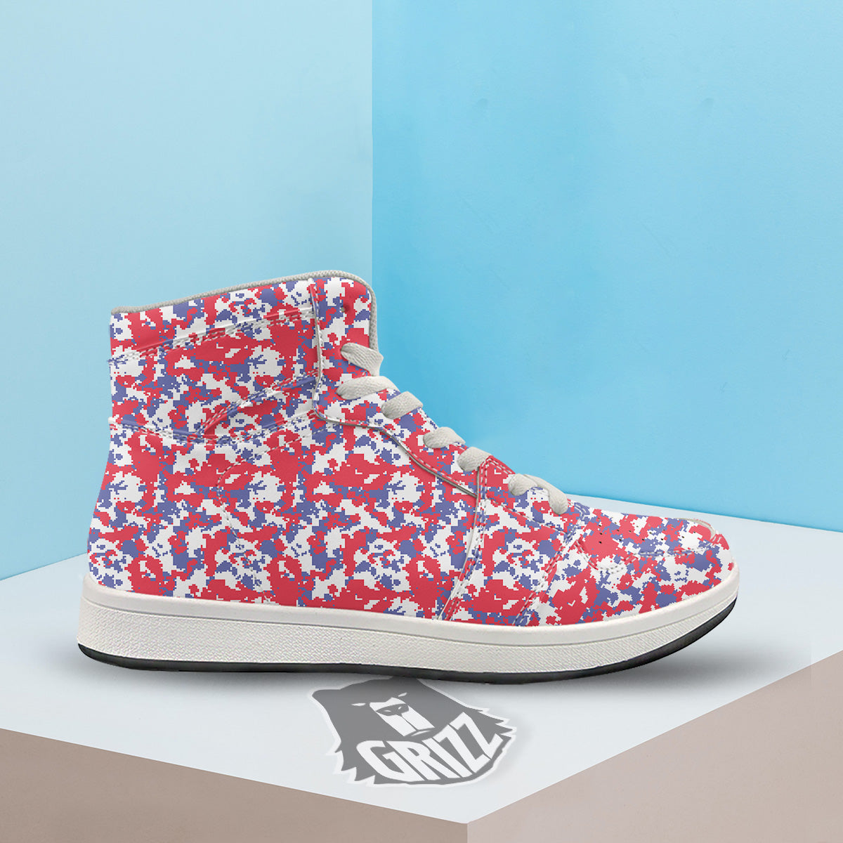 White Digital Camo And Blue Red Print High Top Sneakers-grizzshop