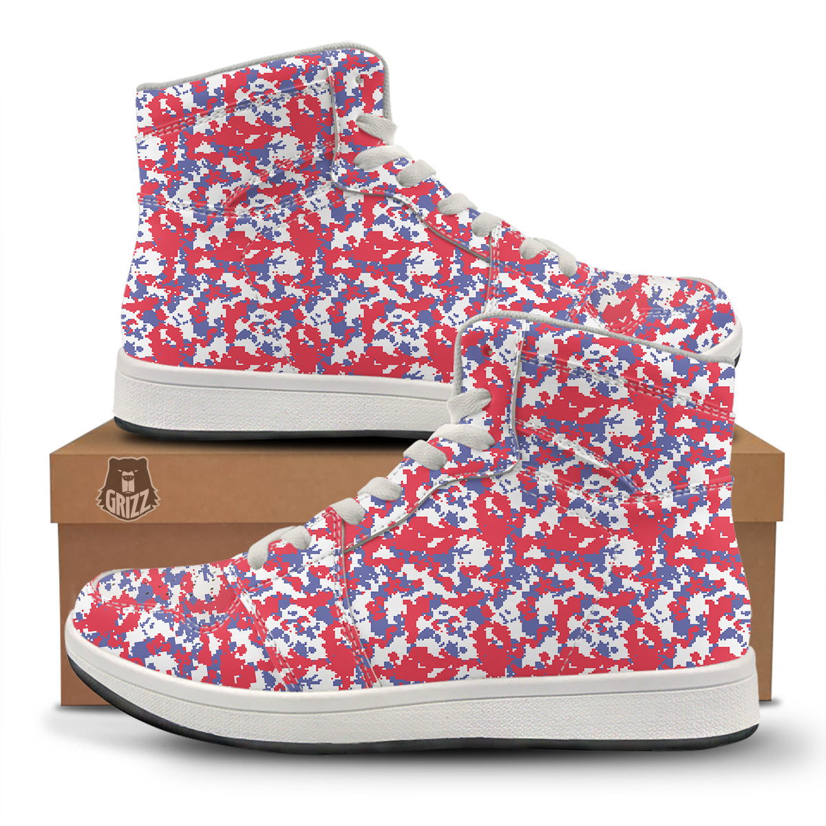 White Digital Camo And Blue Red Print High Top Sneakers-grizzshop