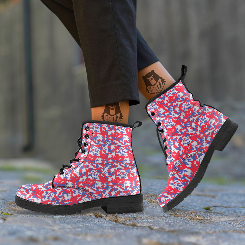 White Digital Camo And Blue Red Print Leather Boots-grizzshop