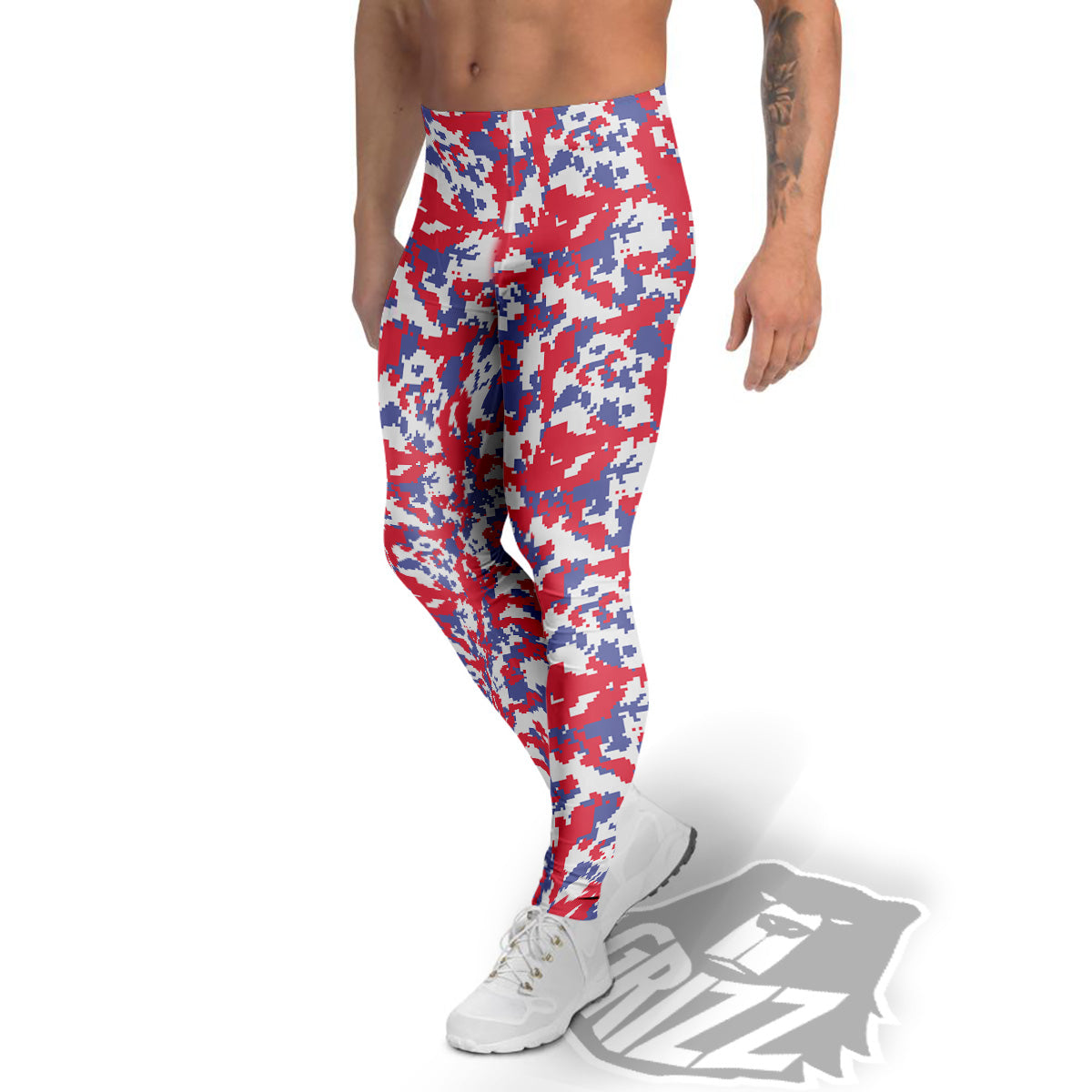 White Digital Camo And Blue Red Print Men's Leggings-grizzshop