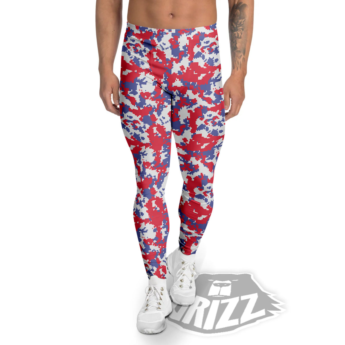 White Digital Camo And Blue Red Print Men's Leggings-grizzshop