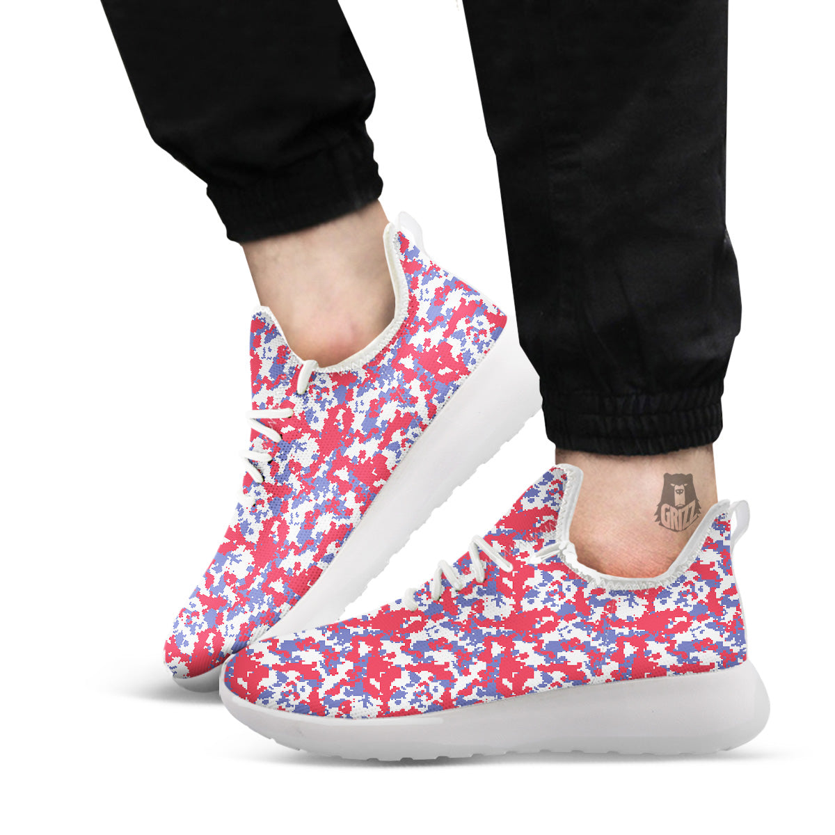 White Digital Camo And Blue Red Print White Athletic Shoes-grizzshop