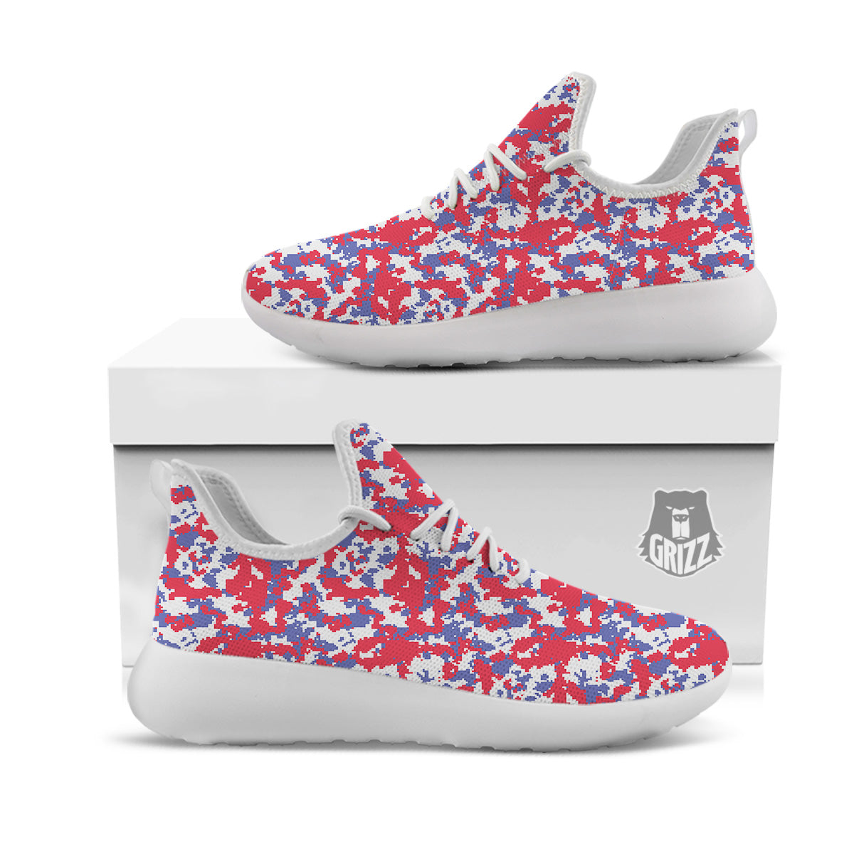 White Digital Camo And Blue Red Print White Athletic Shoes-grizzshop