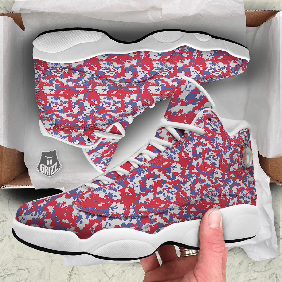White Digital Camo And Blue Red Print White Basketball Shoes-grizzshop