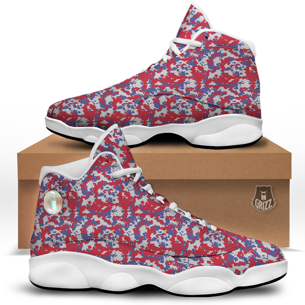 White Digital Camo And Blue Red Print White Basketball Shoes-grizzshop