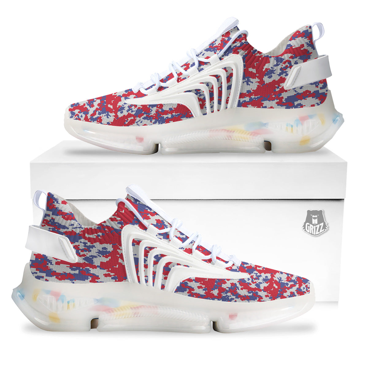 White Digital Camo And Blue Red Print White Gym Shoes-grizzshop