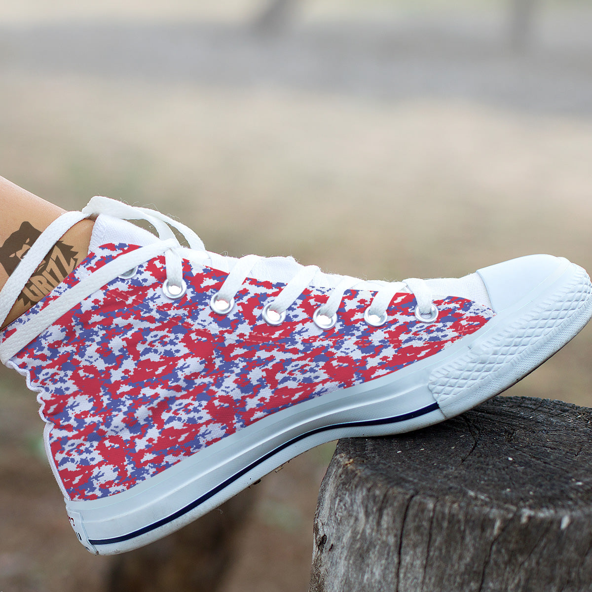 White Digital Camo And Blue Red Print White High Top Shoes-grizzshop