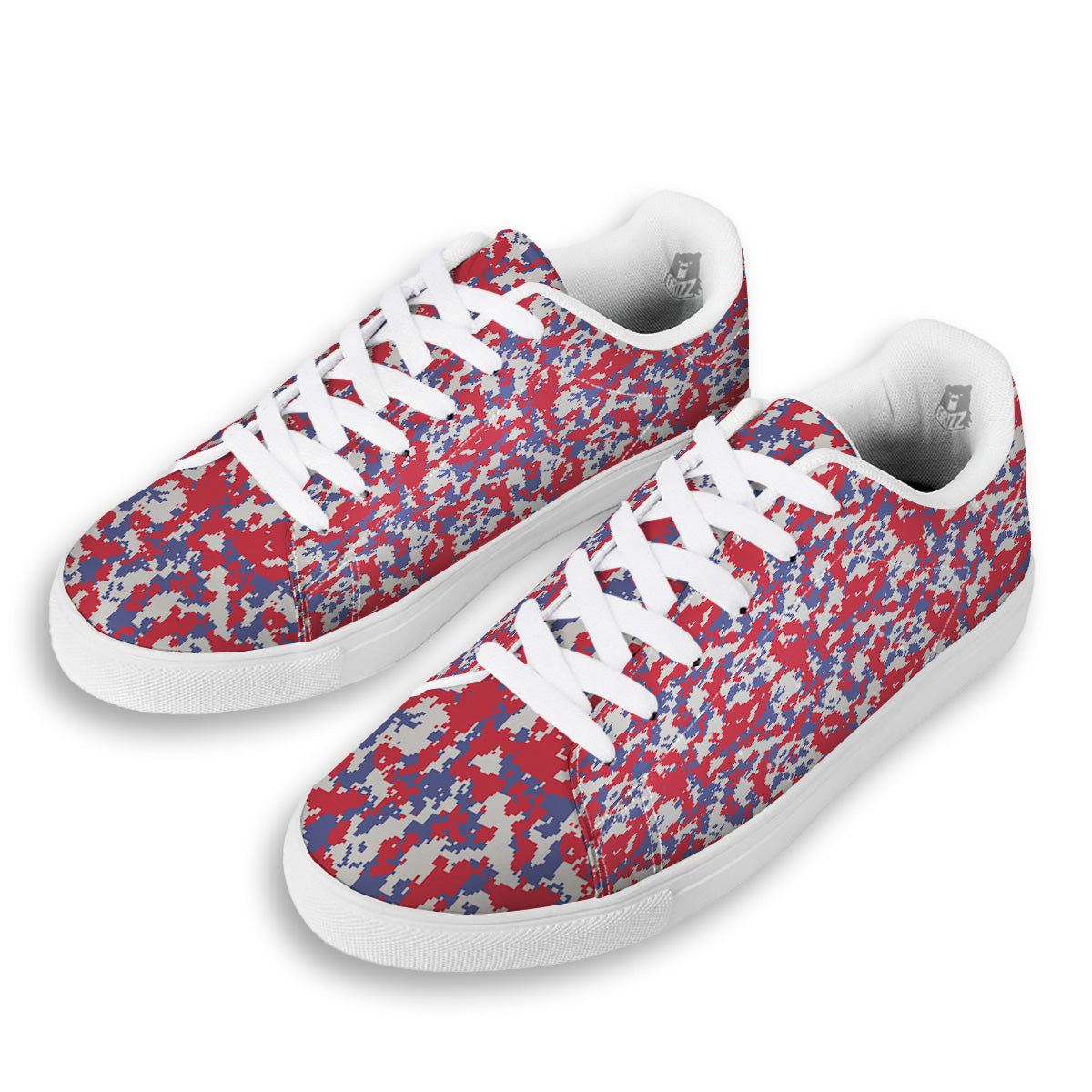 White Digital Camo And Blue Red Print White Low Top Sneakers-grizzshop
