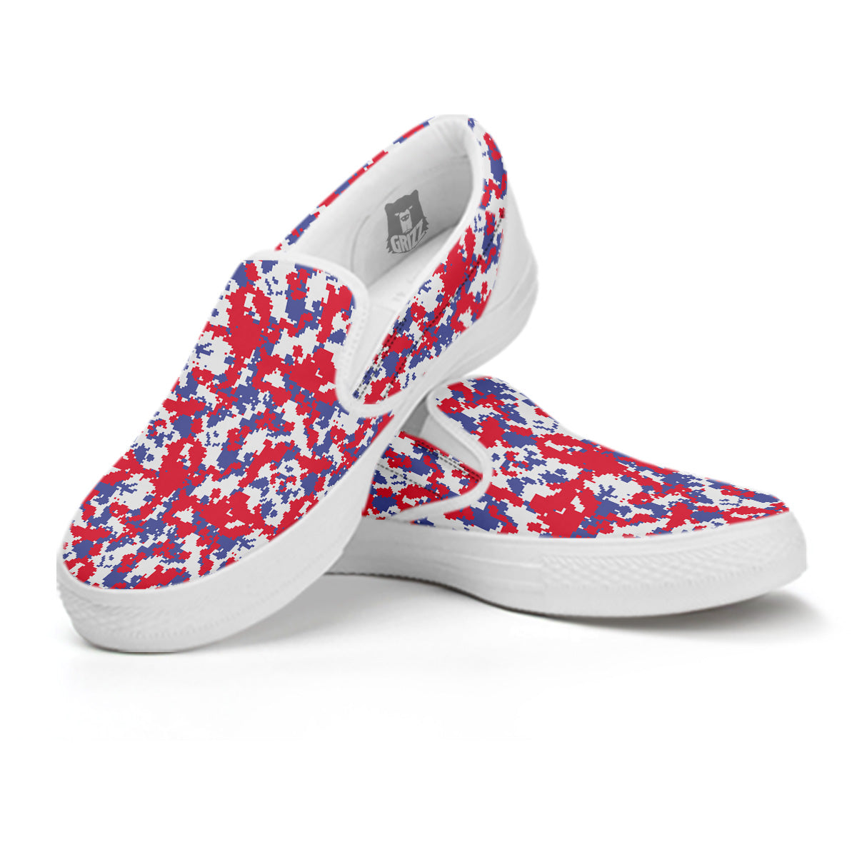 White Digital Camo And Blue Red Print White Slip On Shoes-grizzshop