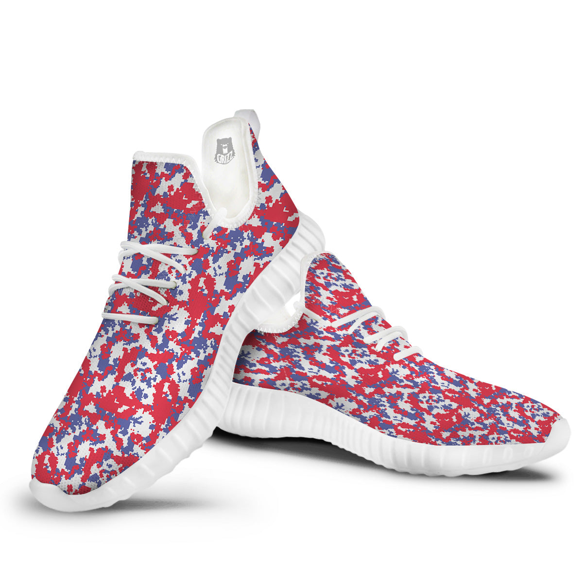 White Digital Camo And Blue Red Print White Walking Shoes-grizzshop