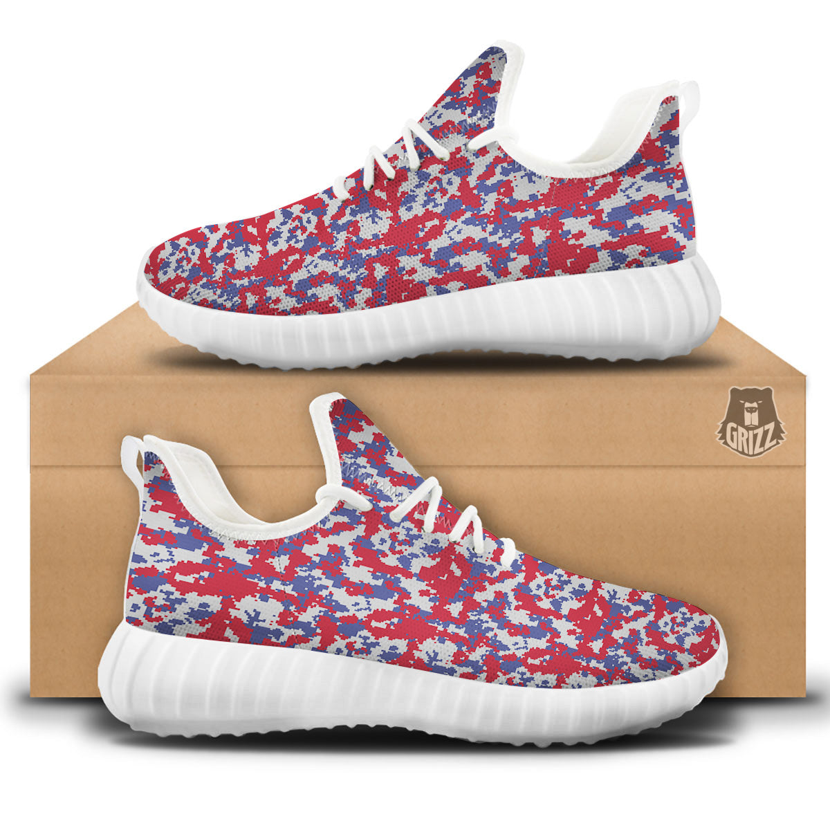 White Digital Camo And Blue Red Print White Walking Shoes-grizzshop