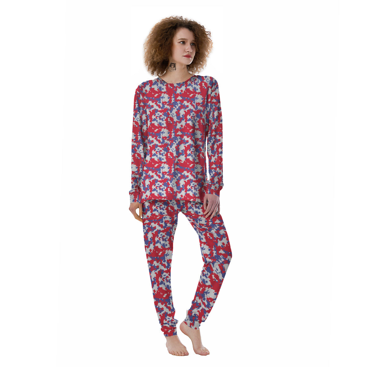 White Digital Camo And Blue Red Print Women's Pajamas-grizzshop