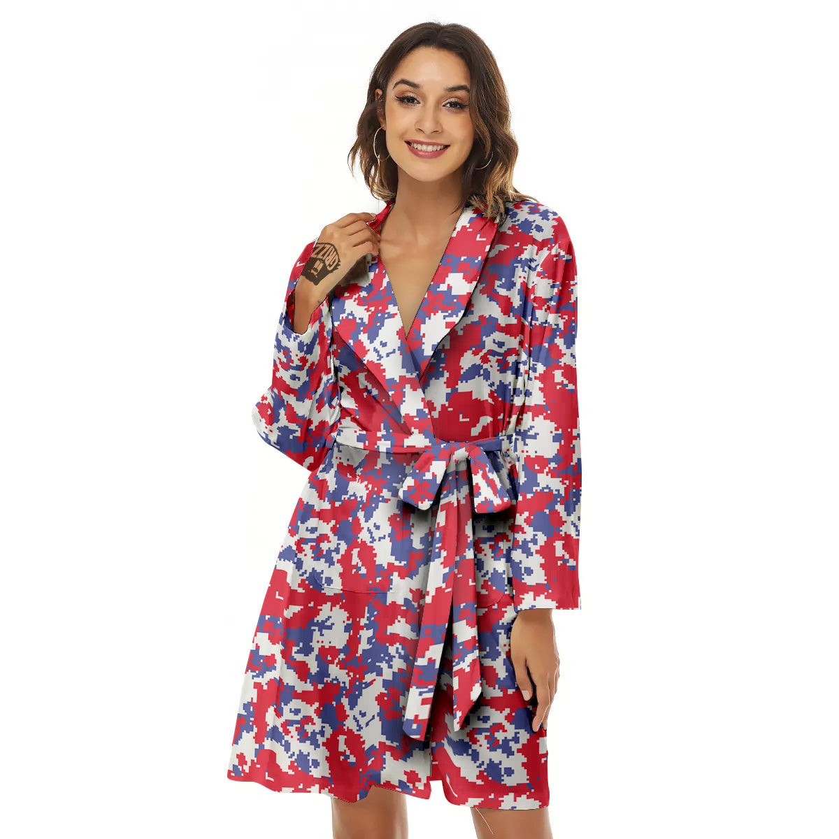White Digital Camo And Blue Red Print Women's Robe-grizzshop