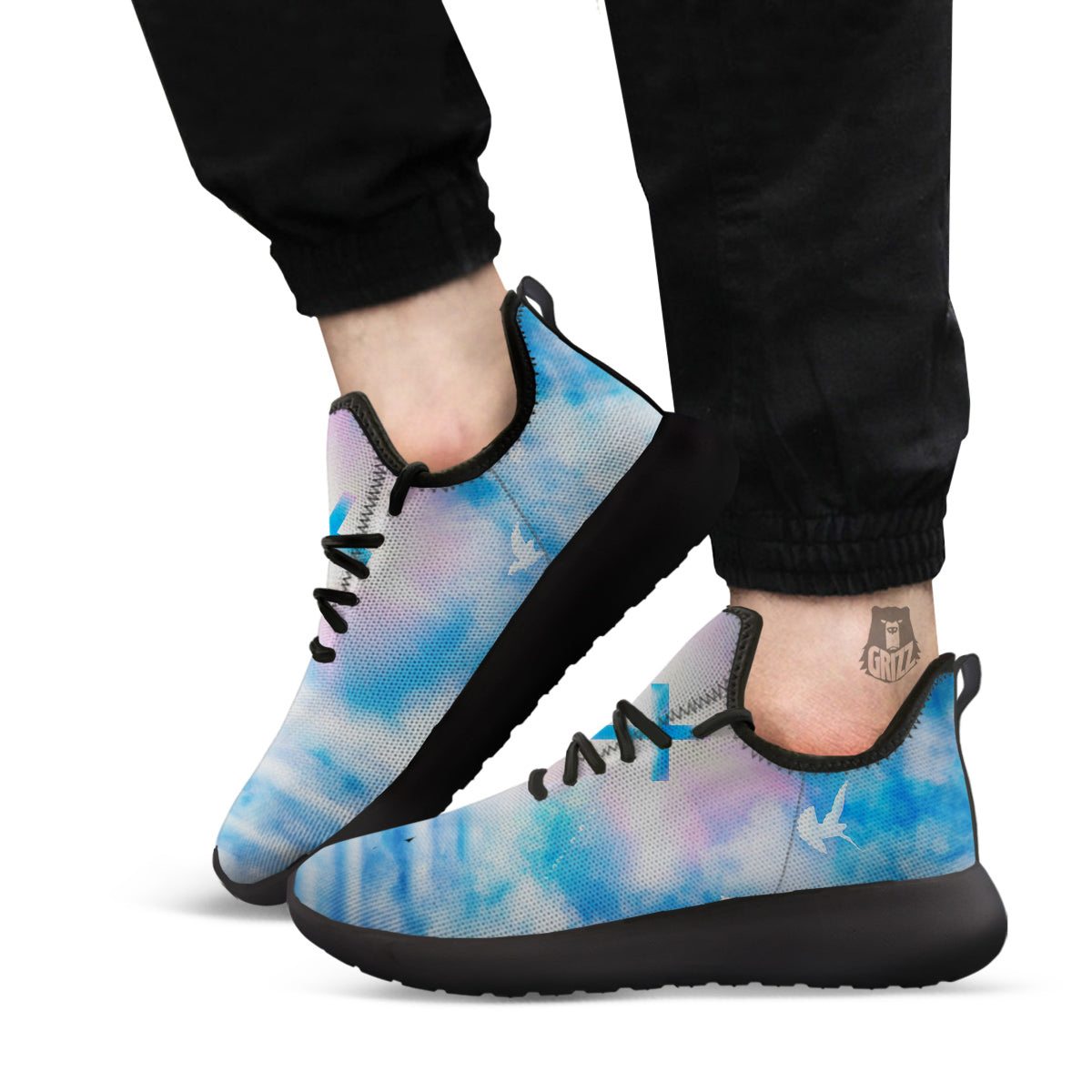 White Doves And Christian Cross Print Black Athletic Shoes-grizzshop
