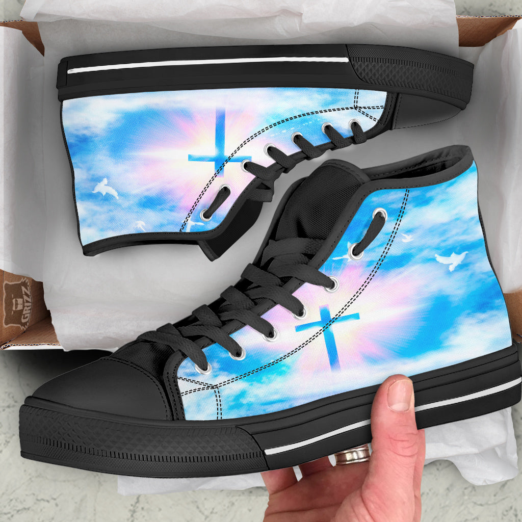 White Doves And Christian Cross Print Black High Top Shoes-grizzshop