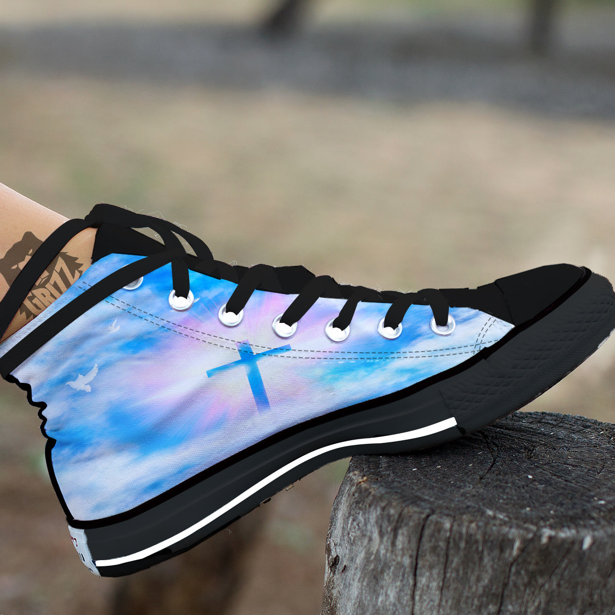 White Doves And Christian Cross Print Black High Top Shoes-grizzshop
