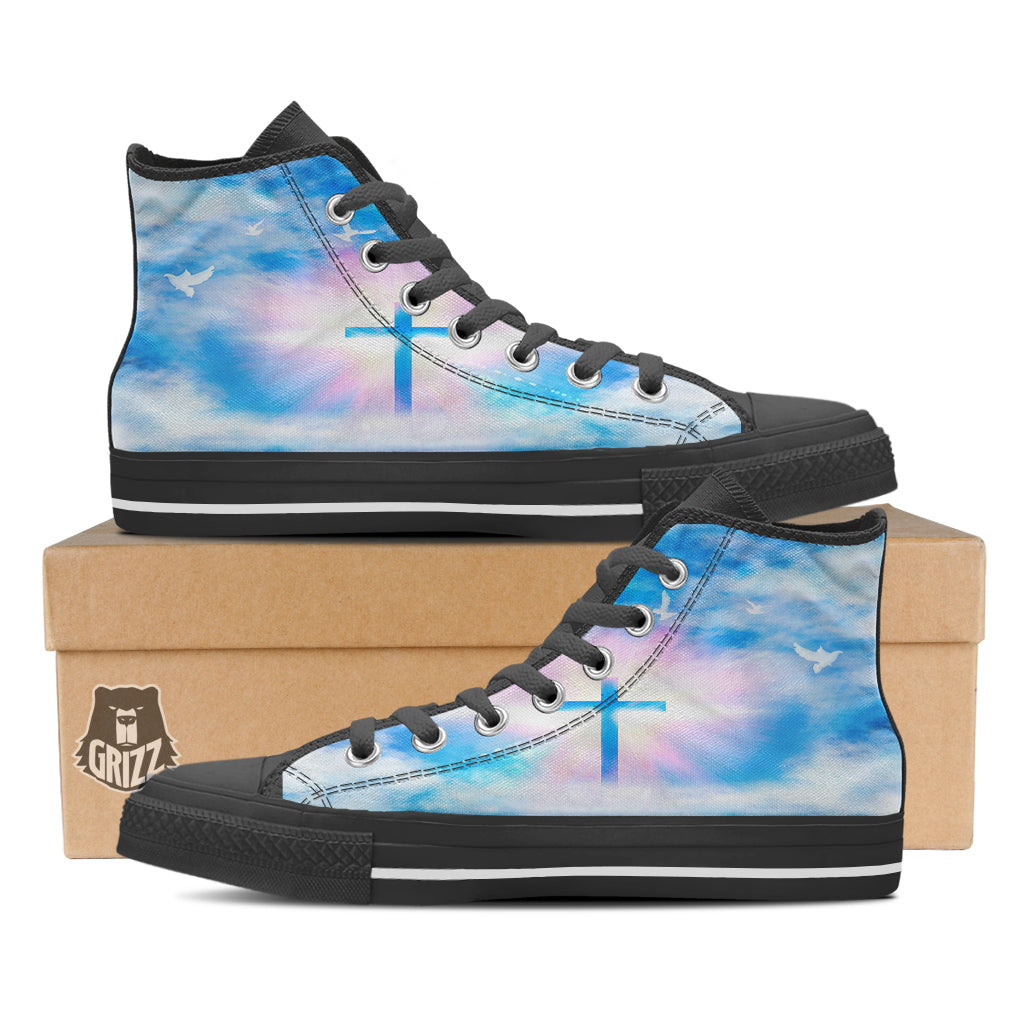 White Doves And Christian Cross Print Black High Top Shoes-grizzshop
