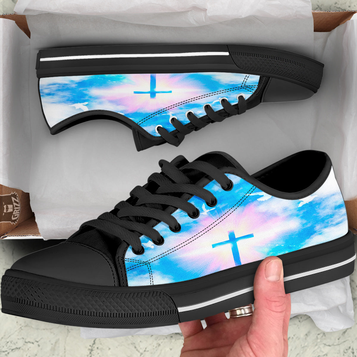 White Doves And Christian Cross Print Black Low Top Shoes-grizzshop