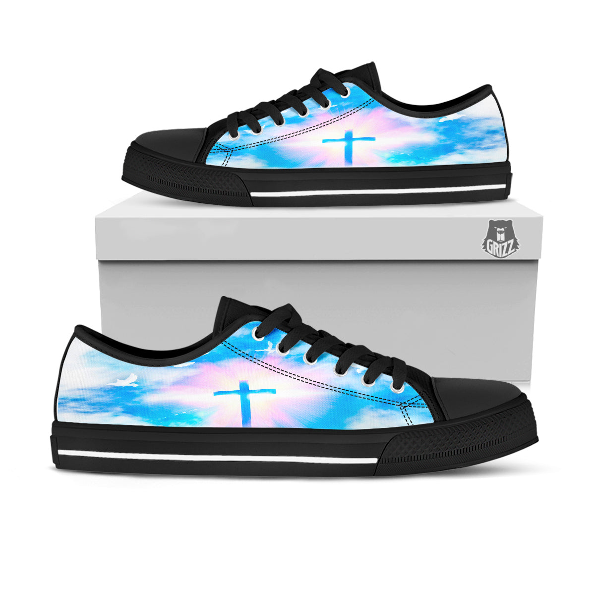 White Doves And Christian Cross Print Black Low Top Shoes-grizzshop