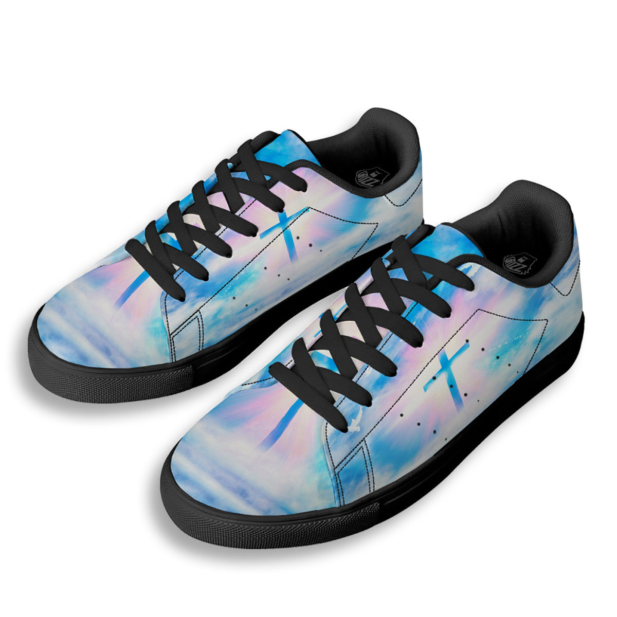White Doves And Christian Cross Print Black Low Top Sneakers-grizzshop