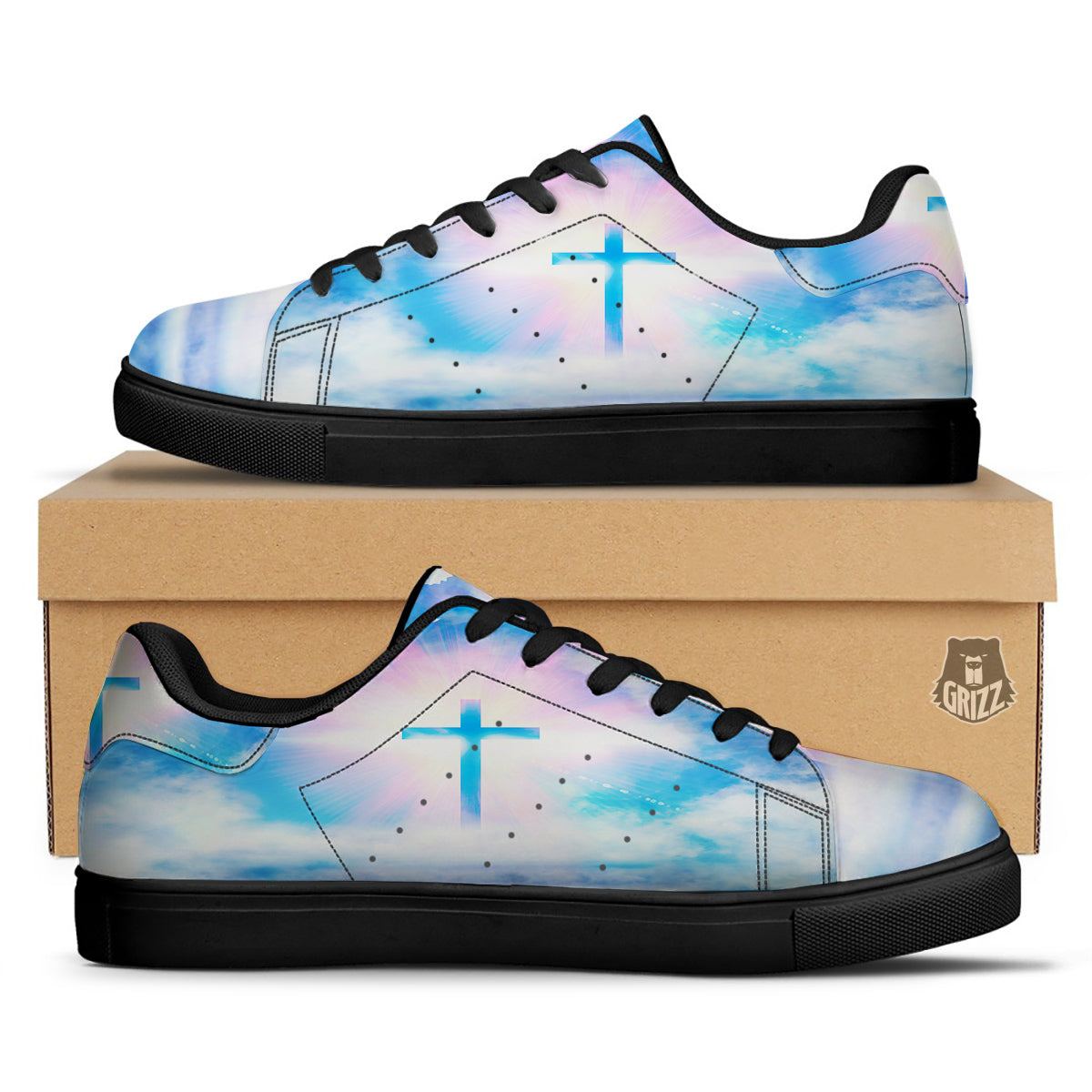 White Doves And Christian Cross Print Black Low Top Sneakers-grizzshop