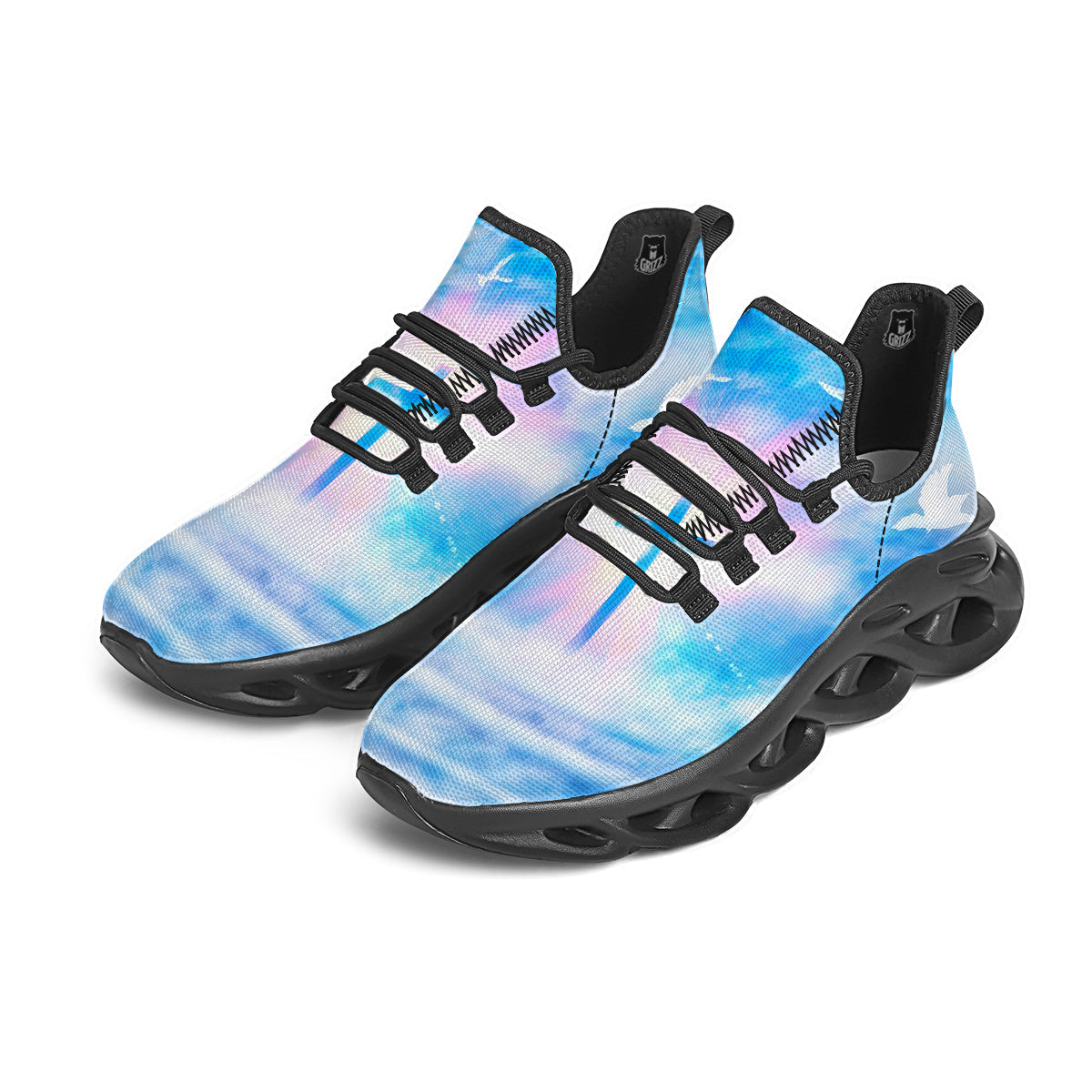 White Doves And Christian Cross Print Black Running Shoes-grizzshop