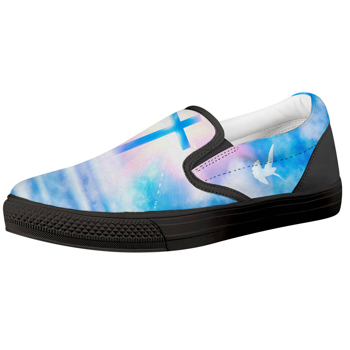 White Doves And Christian Cross Print Black Slip On Shoes-grizzshop