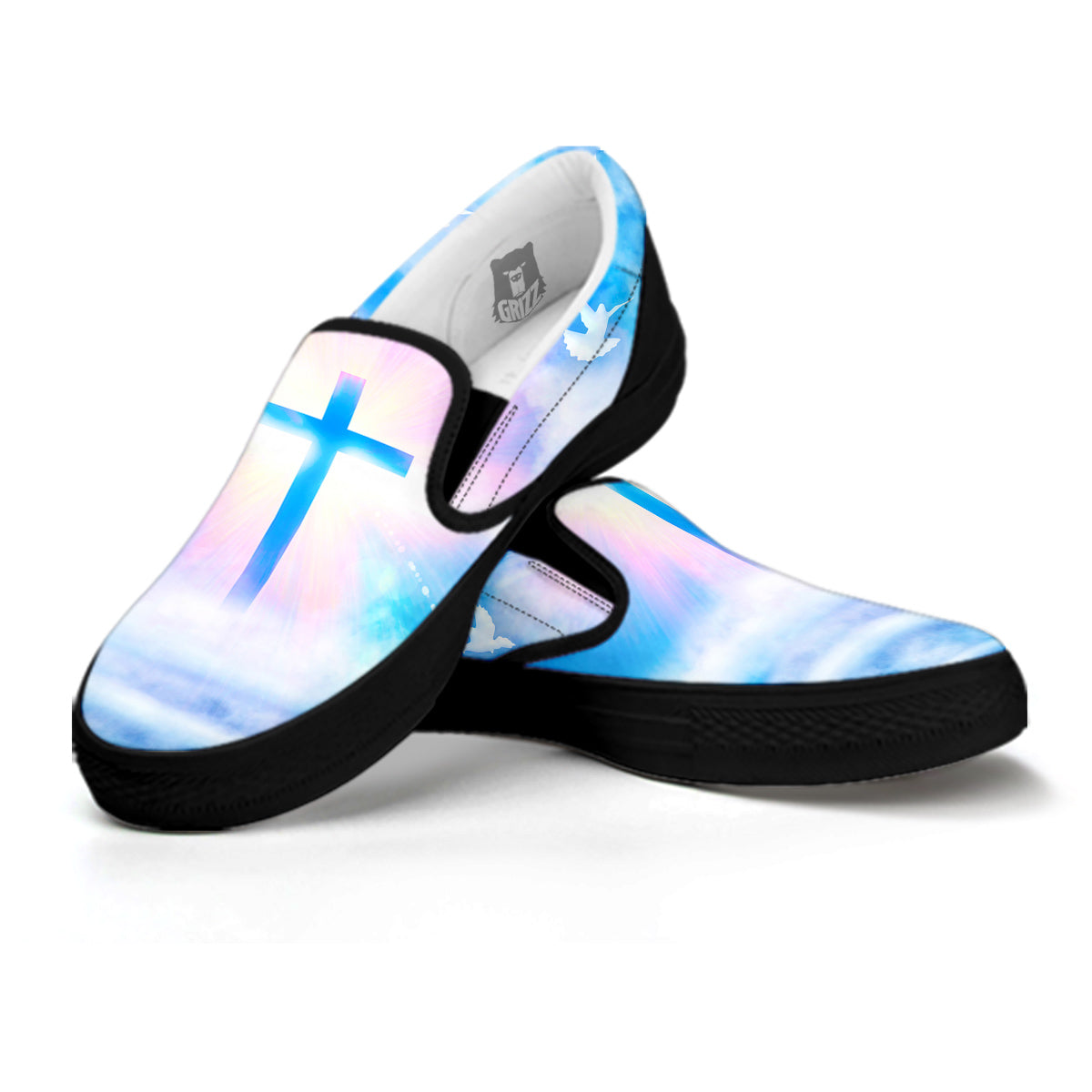 White Doves And Christian Cross Print Black Slip On Shoes-grizzshop