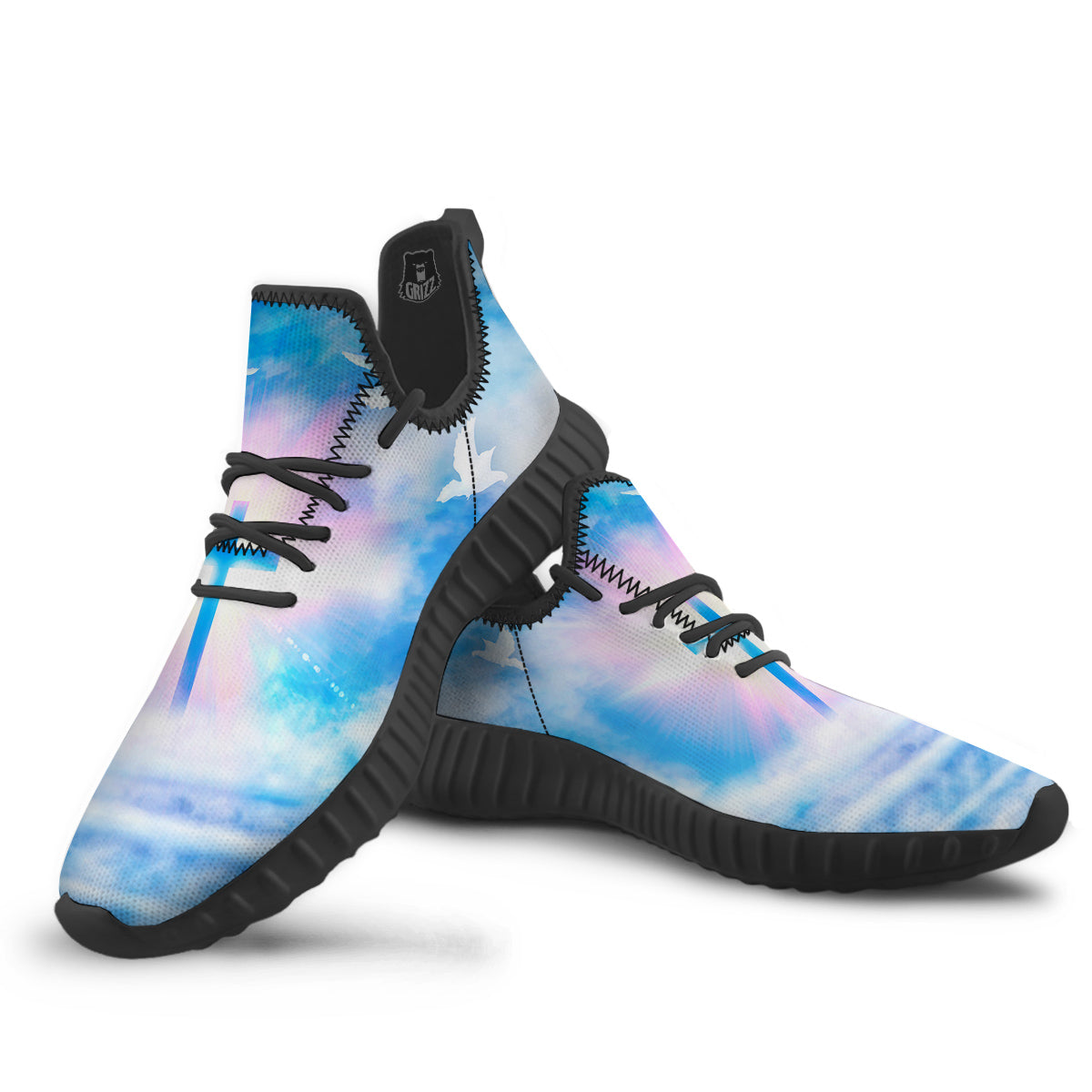White Doves And Christian Cross Print Black Walking Shoes-grizzshop