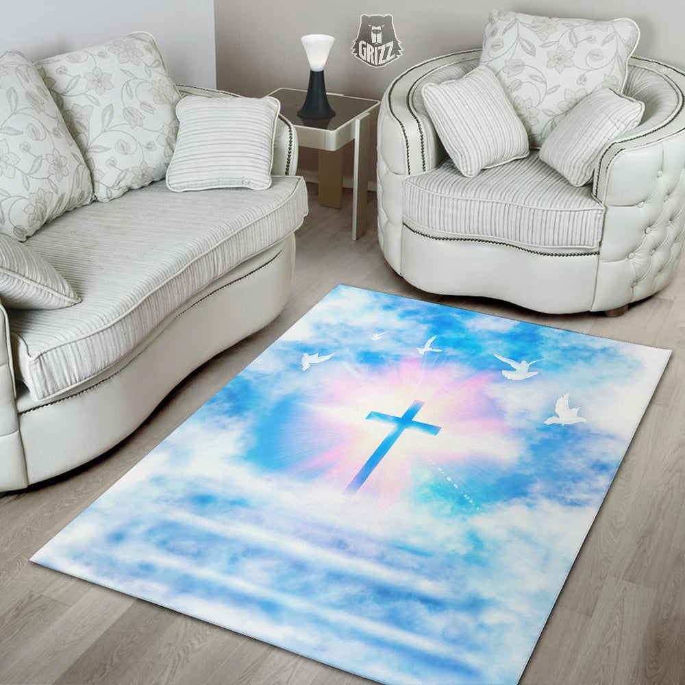 White Doves And Christian Cross Print Floor Mat-grizzshop