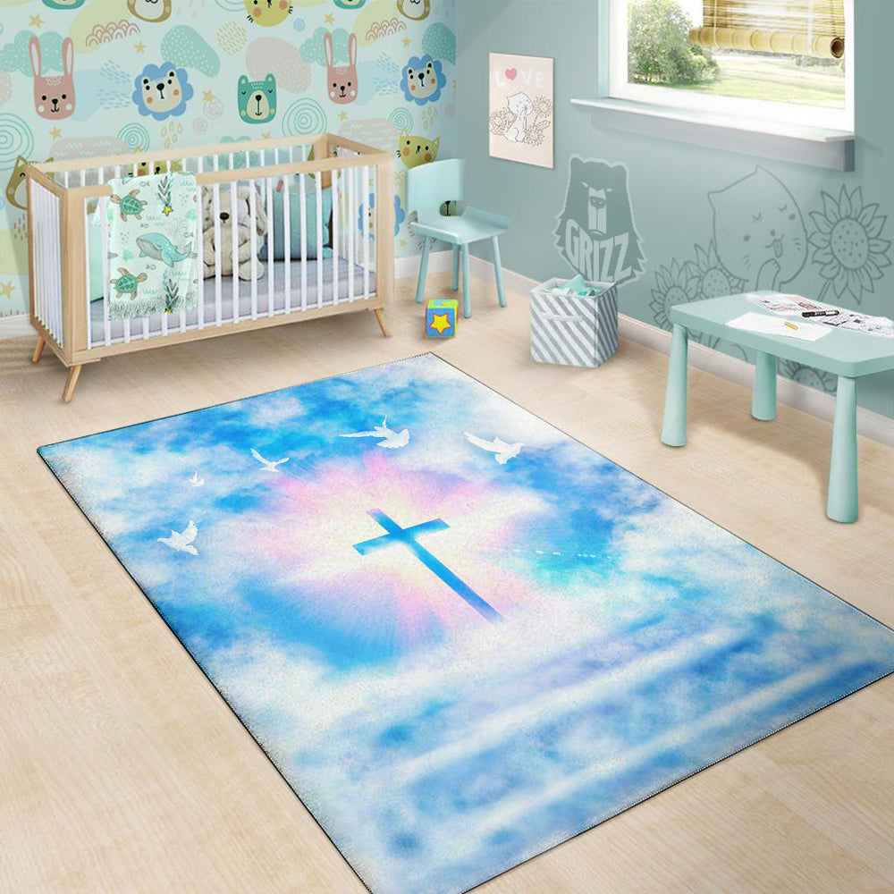 White Doves And Christian Cross Print Floor Mat-grizzshop