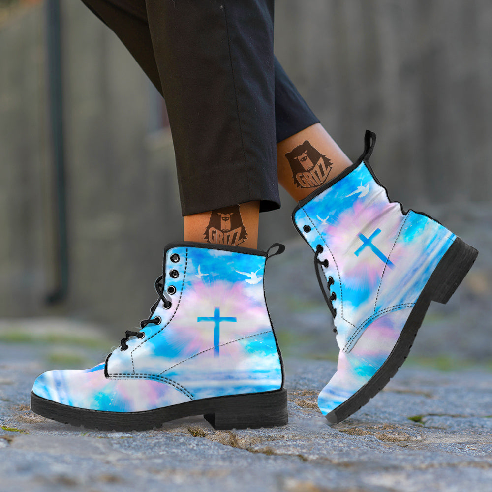 White Doves And Christian Cross Print Leather Boots-grizzshop